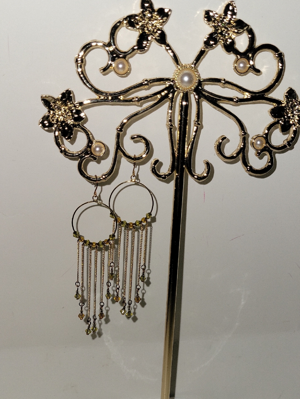 Gold Hoop Fringe Earrings with Olive Green Beads - Women Jewelry